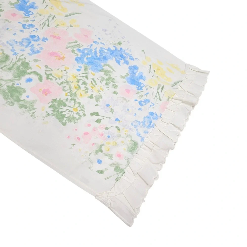 Vintage Perma Prest Percale Standard Pillow Case Floral Pink Blue Yellow Ruffled
